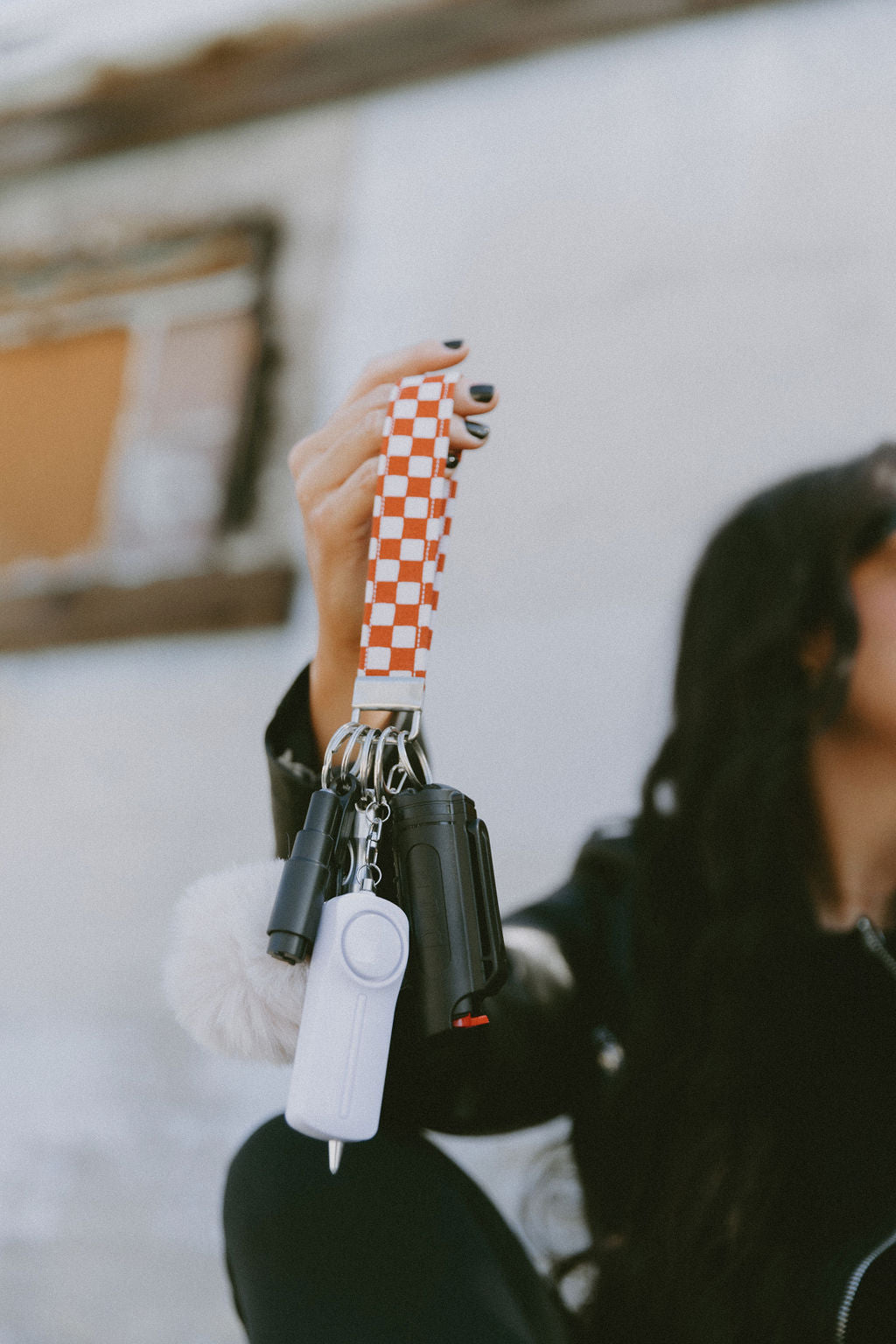 Burnt Orange Checkered Safety Keychain