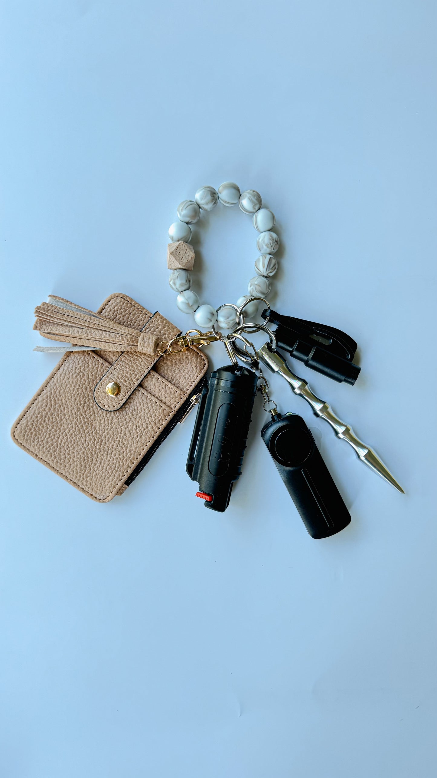 Tan Beaded Wallet Safety Keychain