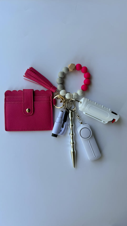 Hot Pink Beaded Wallet Safety Keychain